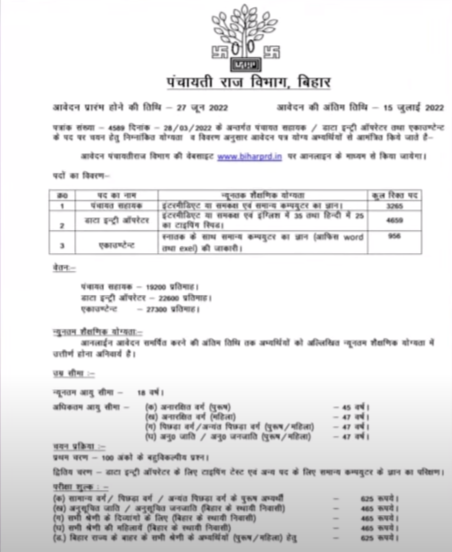 Bihar PRD new vacancy 2024 panchayati sahayak notification fake