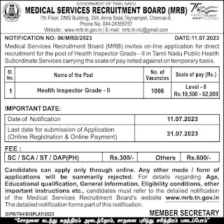 TN MRB Recruitment 2024 1066 Health Inspector Posts