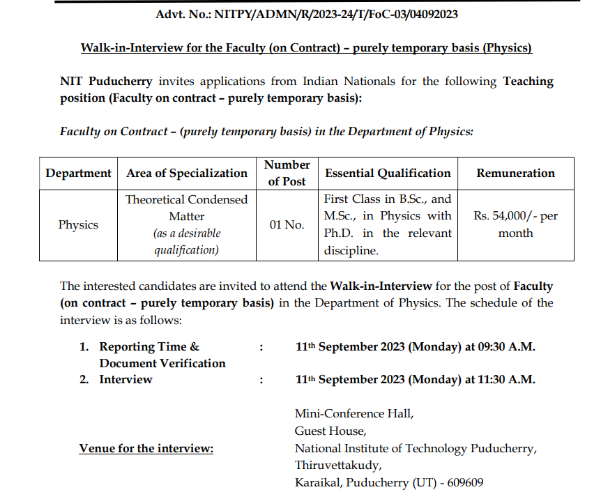 NIT Puducherry Faculty Recruitment