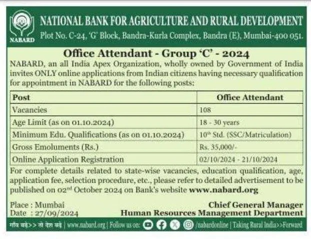 NABARD Office Attendant recruitment 2024 108 vacancy