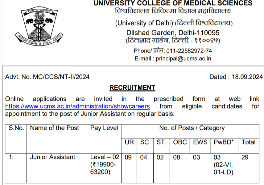 UCMS Junior Assistant recruitment sept 2024 29 vacancy salary dates application